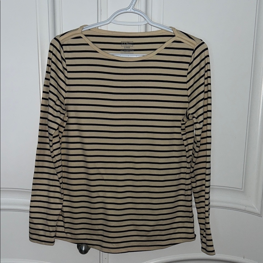L.L. Bean Navy and Cream Striped Long Sleeve, Cotton Stretch Tee